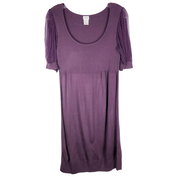 Cache Medium Sweater Dress Purple Knit Sheer Sleeves Above Knee Shift Scoop 1296 - Picture 1 of 6